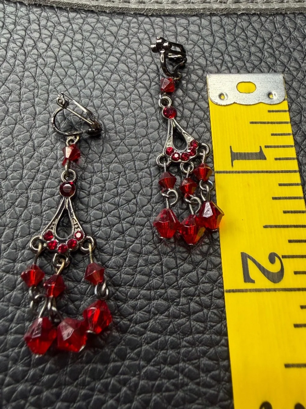 Vintage Victorian Style Red Crystal Rhinestone Chandelier Clip On Earrings 1.5